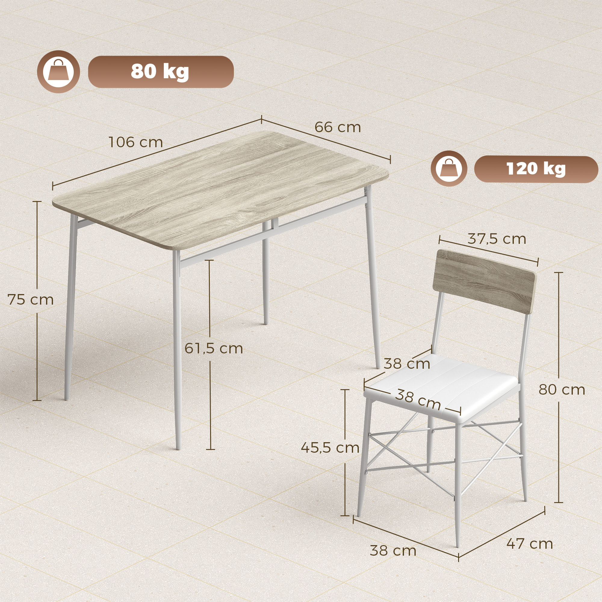 HOMCOM Juego de Mesa y Sillas de Comedor 5 Piezas, Mesa de Cocina Rectangular con 4 Sillas Acolchadas, Estilo Moderno, Marco Metálico, para Espacios Pequeños, Salón, 106x66x75 cm, Roble y Blanco