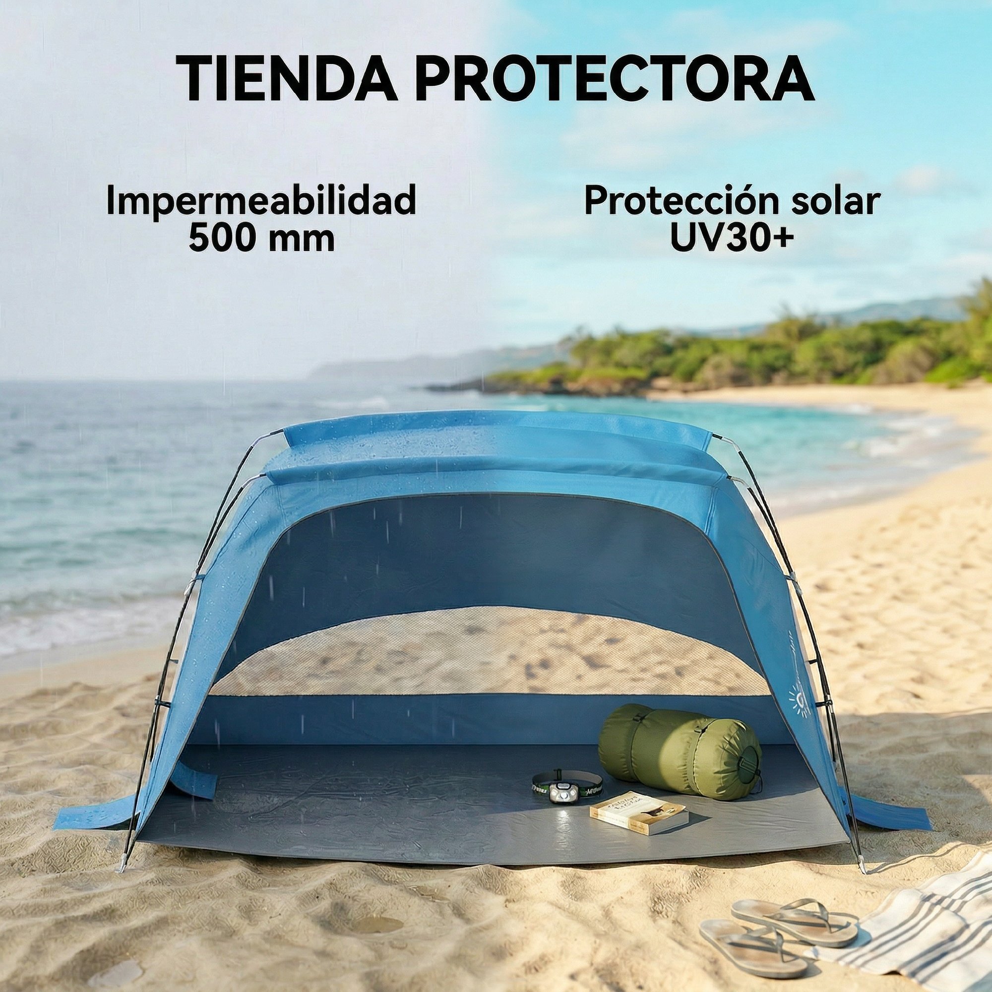 Tienda de Playa, Carpa de Playa Plegable para 2-3 Personas con Sacos de Arena, Puerta, Ventanas, UPF30+, Bolsa de Transporte y Bolsillo para Parque, Camping, 220x120x120 cm, Azul Cielo