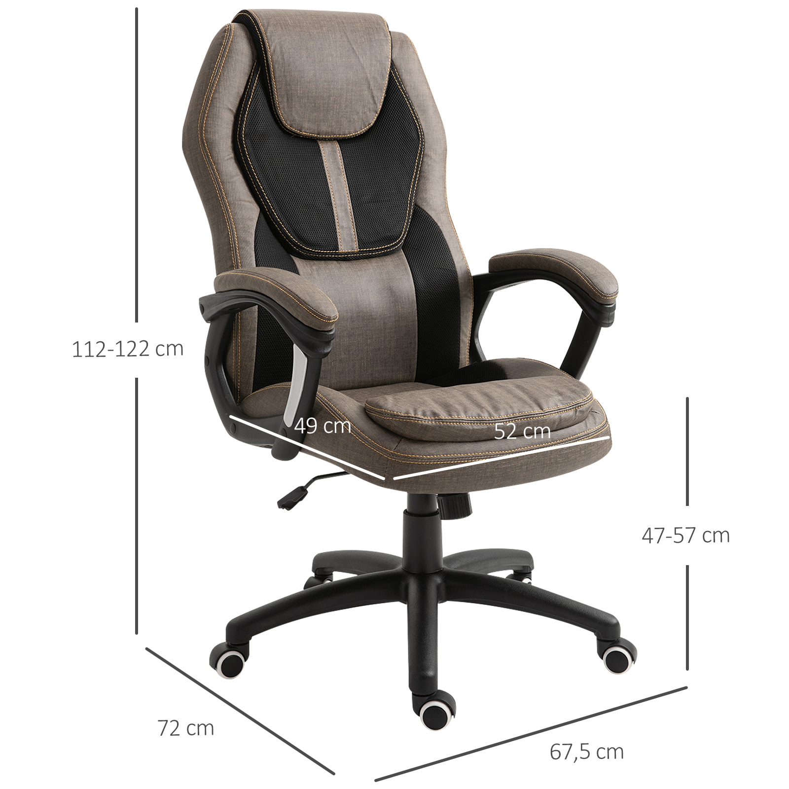 HOMCOM Fauteuil de bureau manager massant hauteur réglable pivotant 360° polyester PU gris brun surpiqûre orange