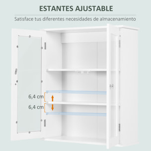 kleankin Armario de Pared Baño de 2 Puertas de Cristal Armario Colgante Multiusos para Cocina Salón con Estantes Interiores y Balda Ajustable 55x20x65 cm Blanco