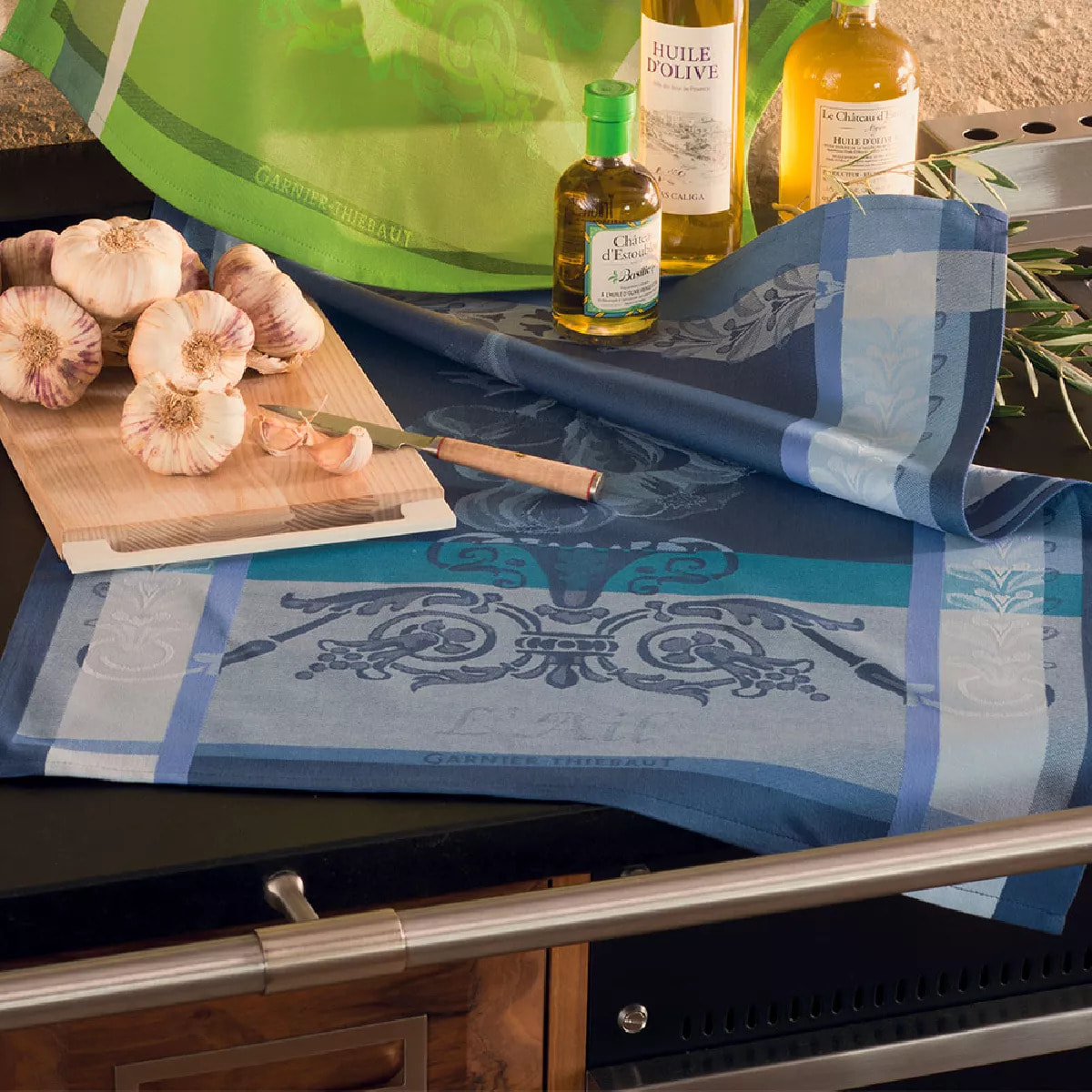 Torchon pur coton motif jacquard bleu Ail ardoise