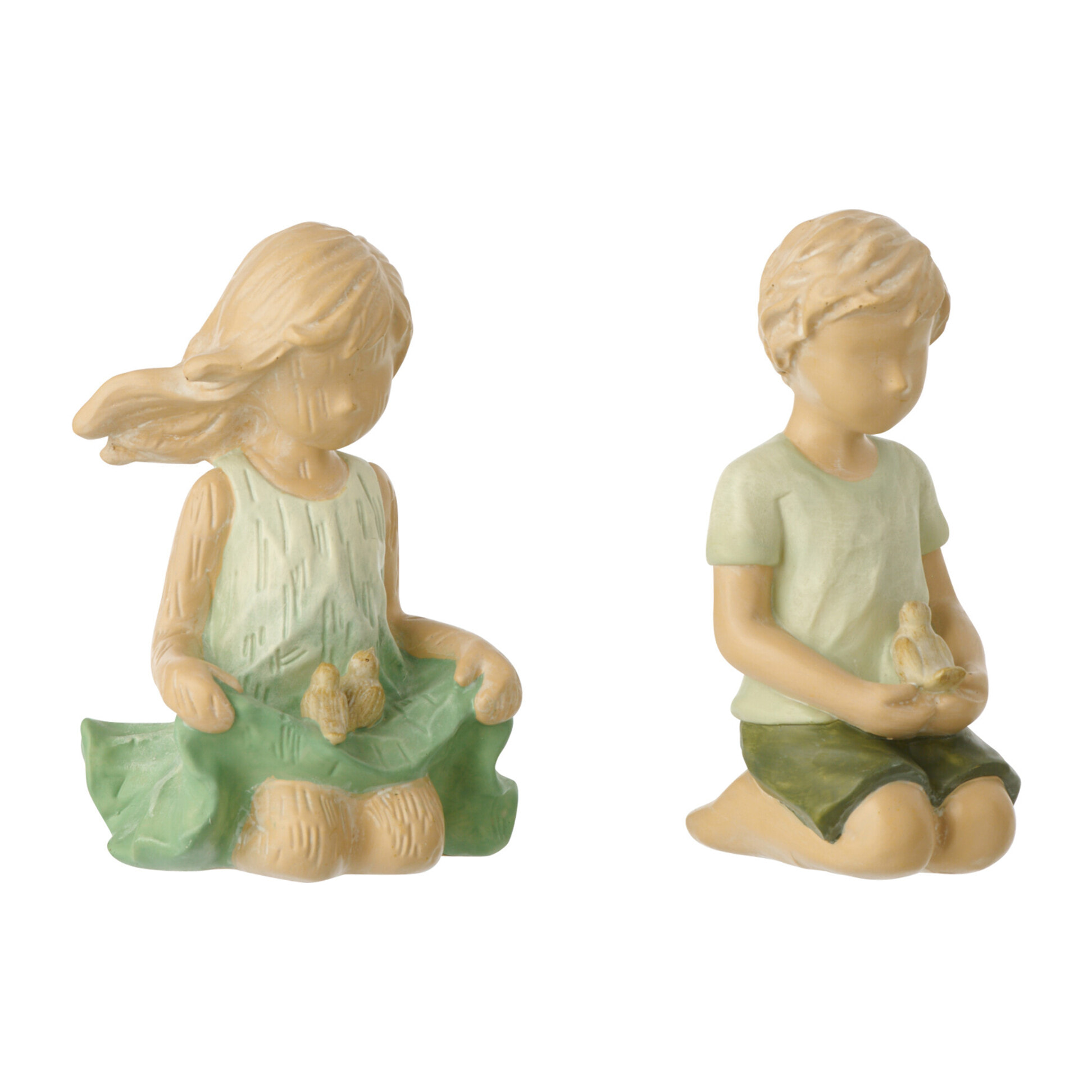 J-Line décoration Enfants Garçon/Fille Assise - polyrésine - vert/écru - 2 pièces