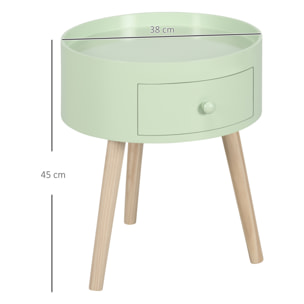 Chevet table de nuit ronde design scandinave tiroir bicolore pieds effilés inclinés bois massif chêne clair vert