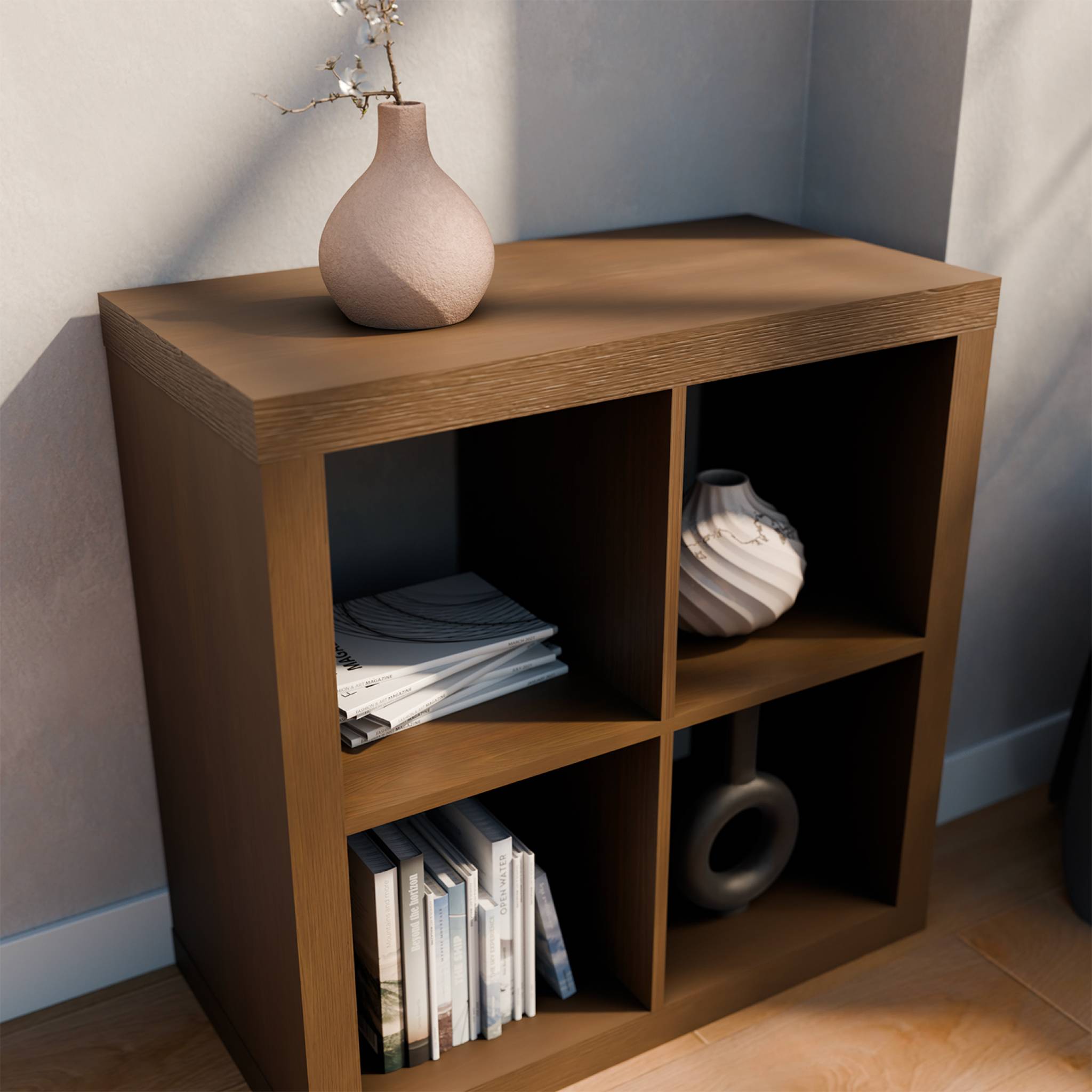Etagère bibliothèque cubique 2 niveaux 4 compartiments. casiers. effet bois de noyer. L 76 x P 39 x H 76cm