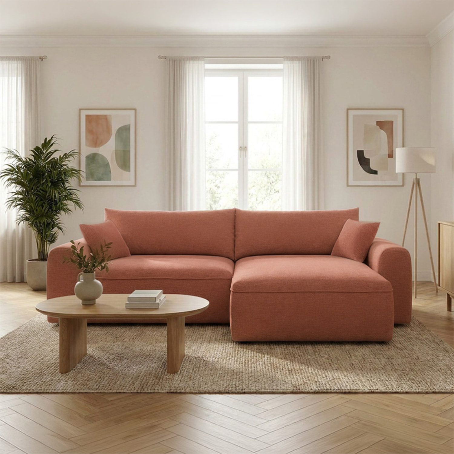 Canapé d'angle convertible terracotta 4 places tissu bouclé + coffre OLIZE