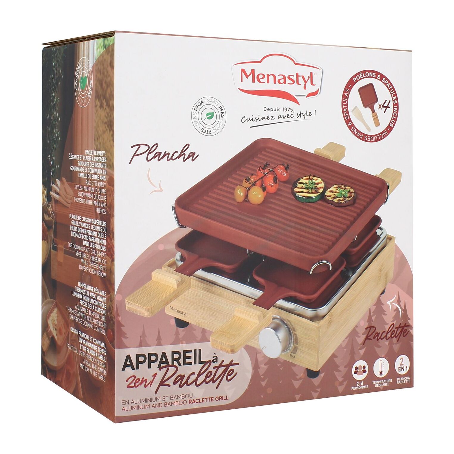 Appareil à raclette 4 personnes en aluminium brique et bambou