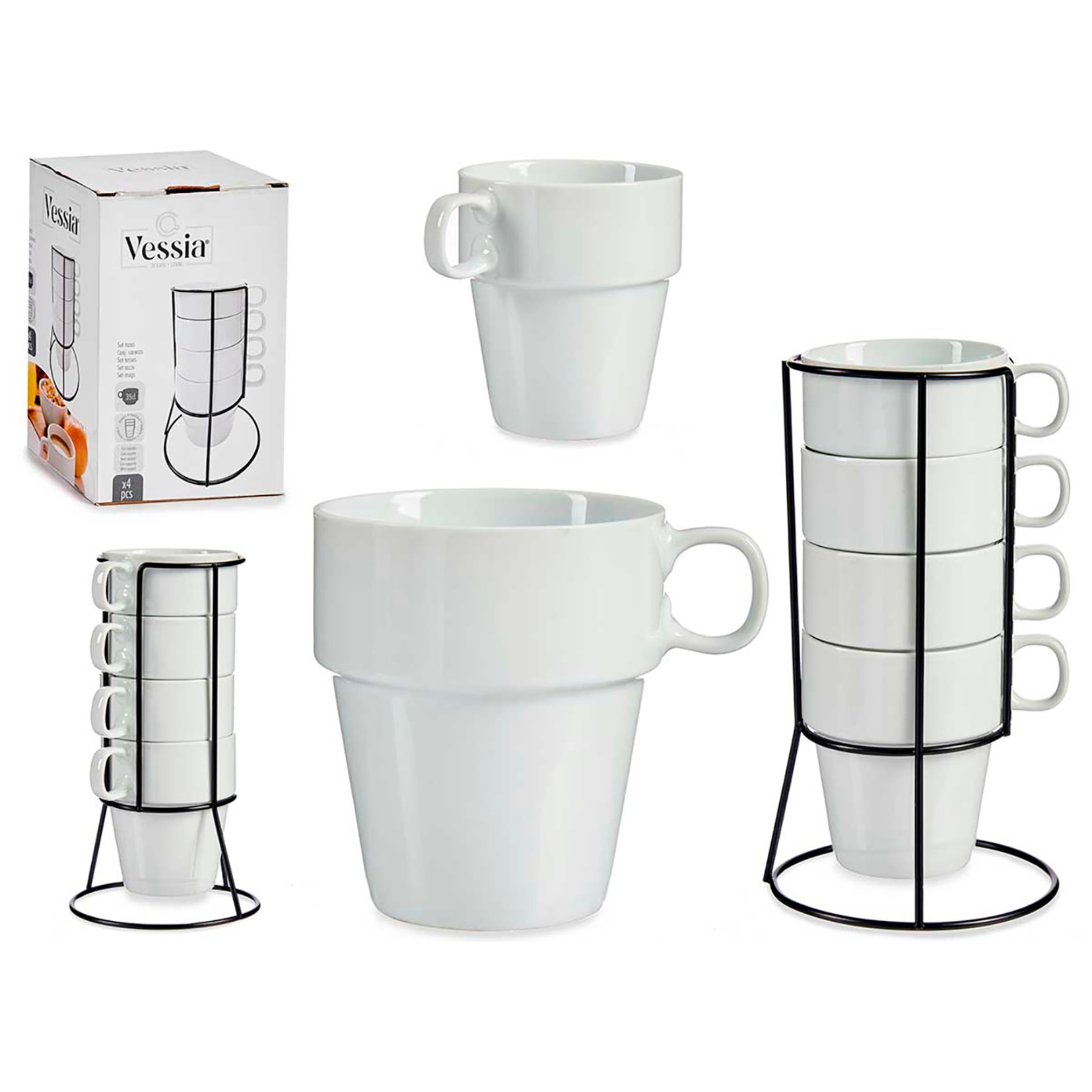 DAM SET 4 TAZZE IMPILABILI BIANCHE CON RIPIANO 350ML 11x12x22 Cm. Colore bianco