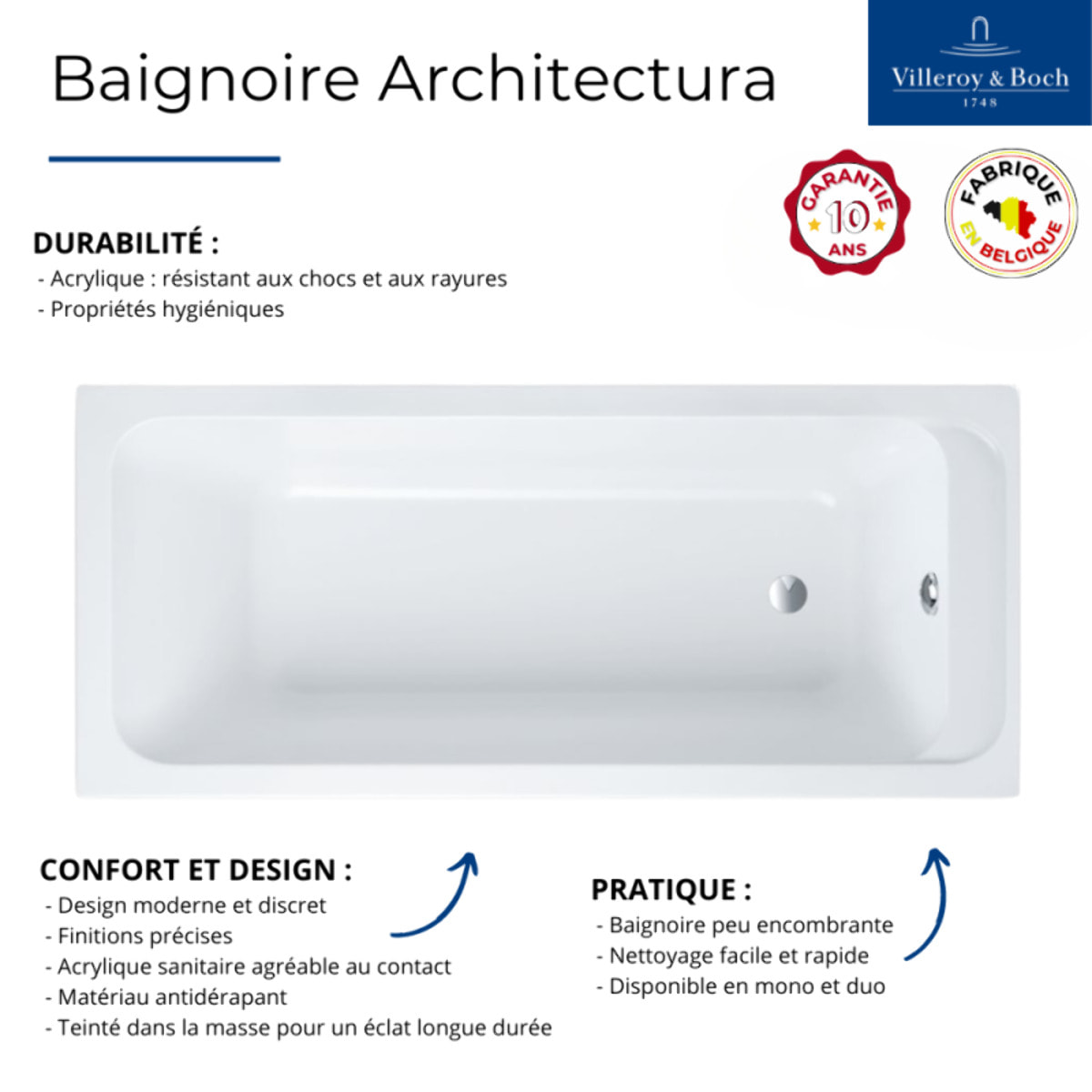 Baignoire droite VILLEROY & BOCH Architectura acrylique 140 x 70 cm  + Pare bain droite AURYS Mist 1 chromé