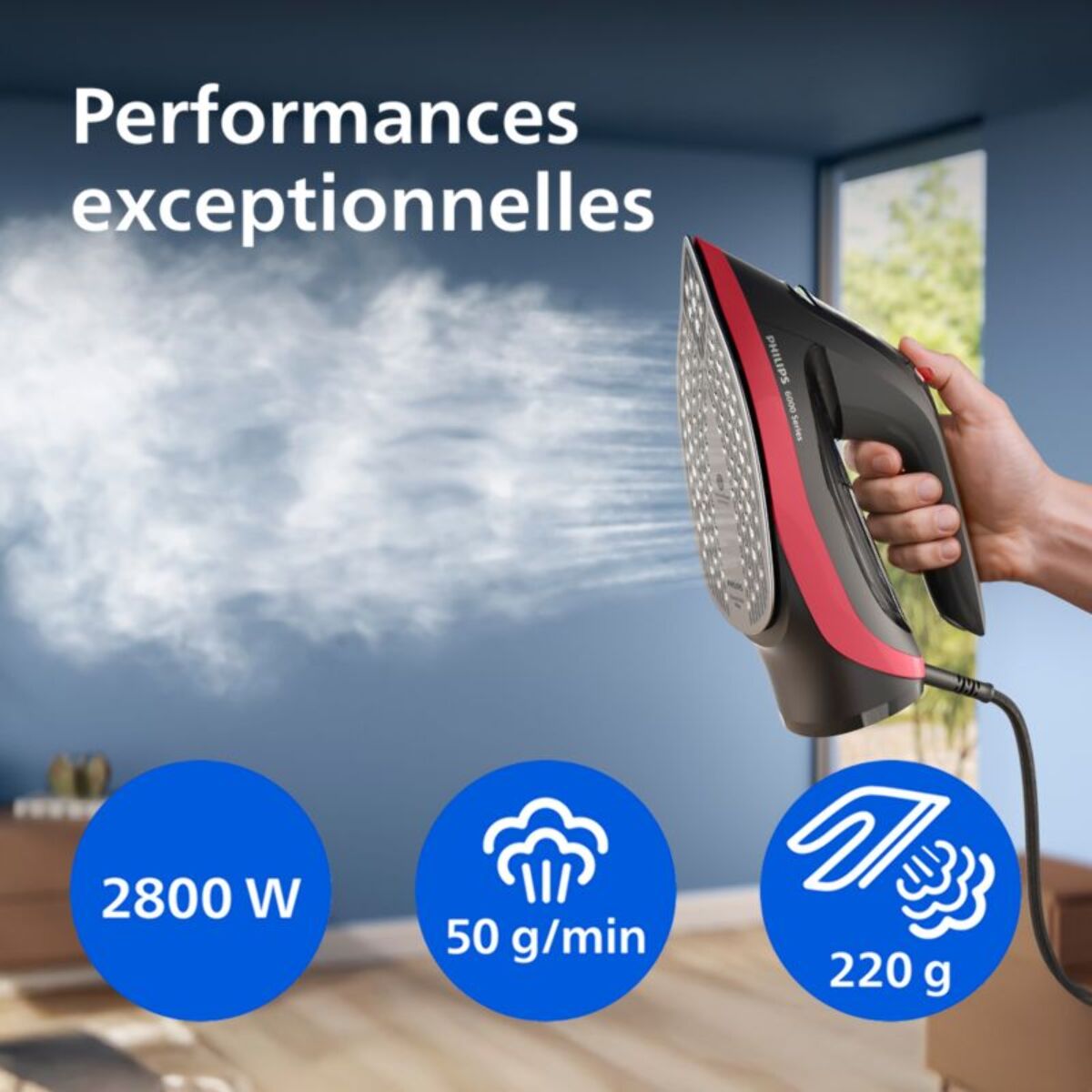 Fer à repasser PHILIPS DST6130/40 fer à vapeur Série 6000 Noir/Rouge, 2600W