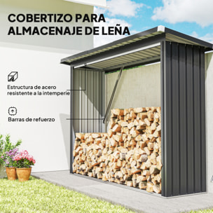 Casetilla para Leña de Acero Galvanizado, Cobertizo Leñero Exterior de Almacenamiento de Troncos, con Base Elevada y Techo Inclinado, 213x66,5x150 cm, Gris Oscuro
