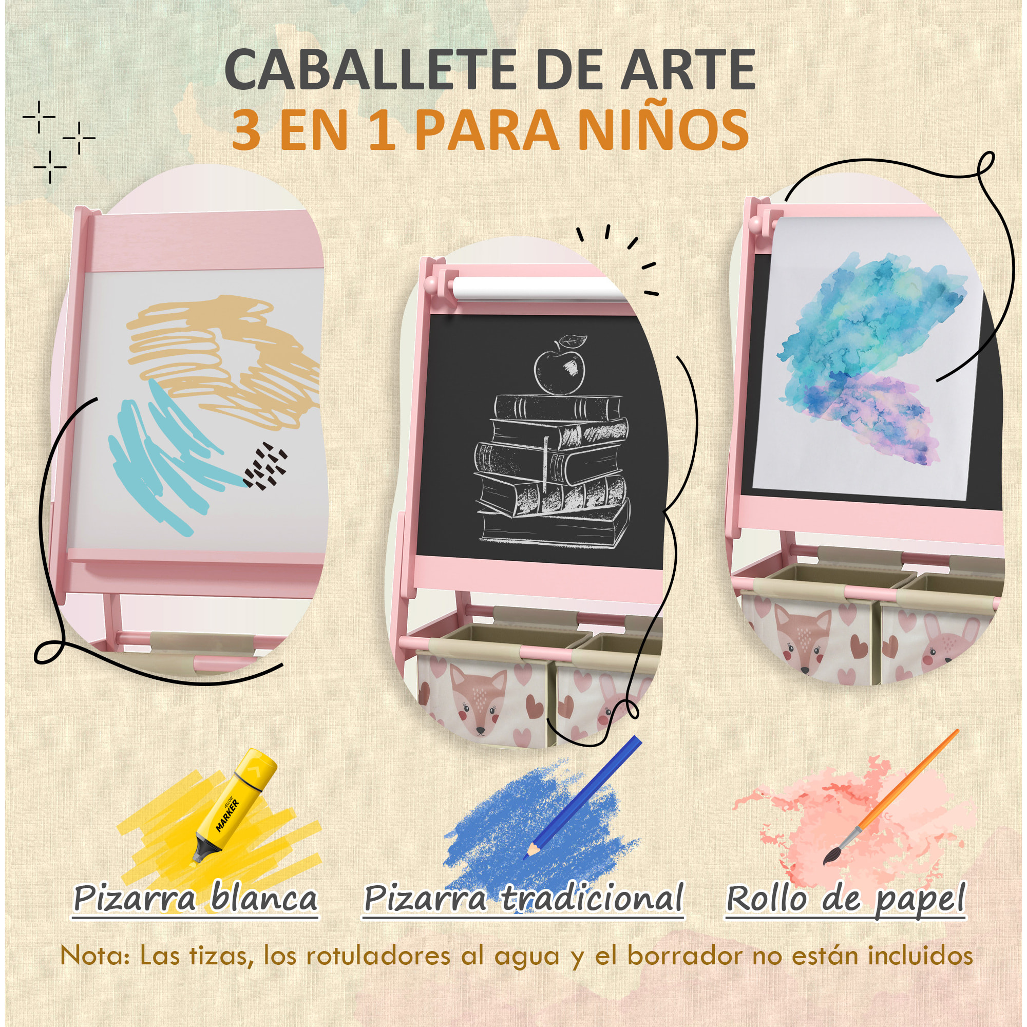 Caballete para Niños 3 en 1 Caballete Infantil de Doble Cara Caballete de Arte con Rollo de Papel Pizarras y 2 Cestas de Almacenamiento 54x46,5x93 cm Rosa