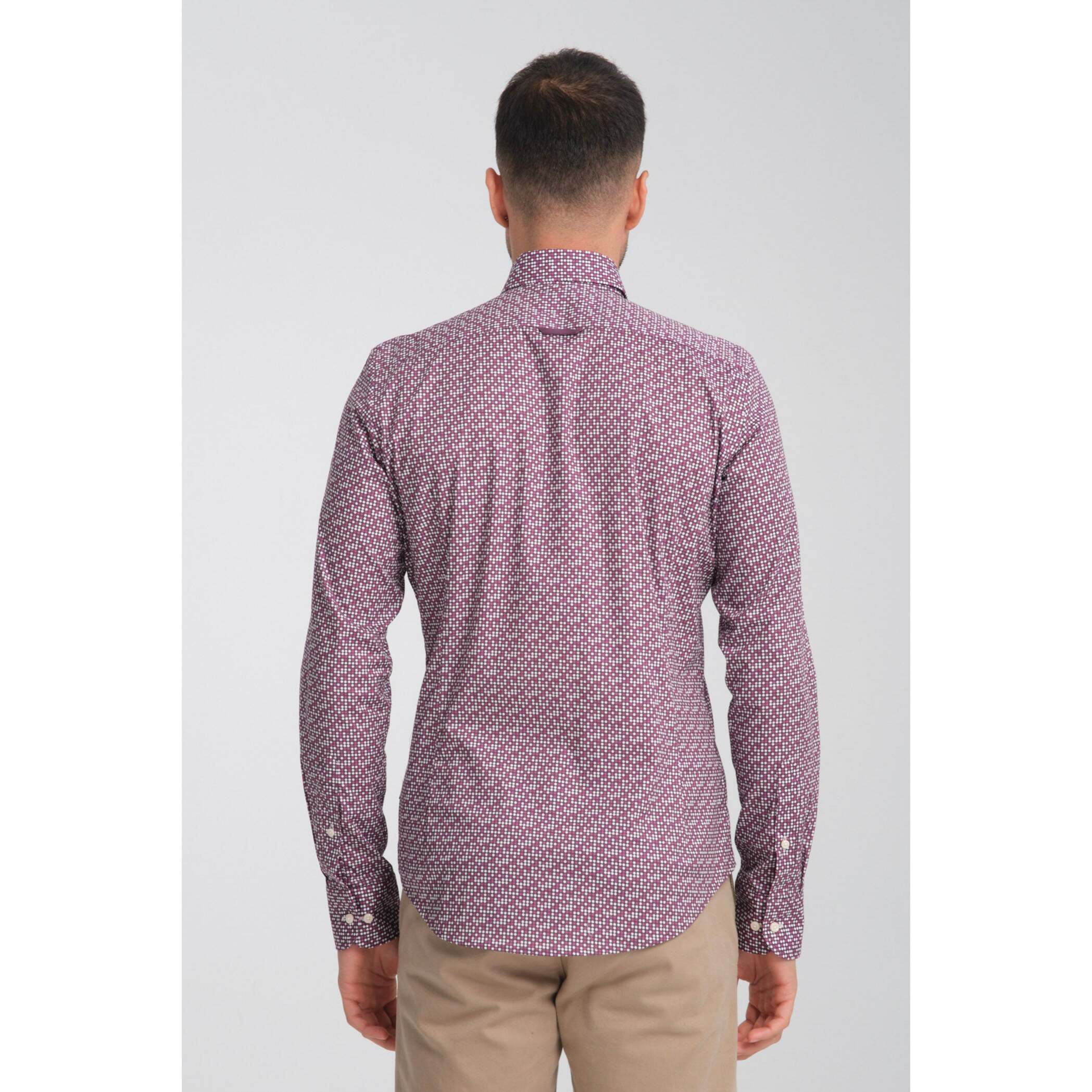 camicia uomo 1 bottone button down slim Popeline Stretch Stampato viola melanzana e viola ciclamino