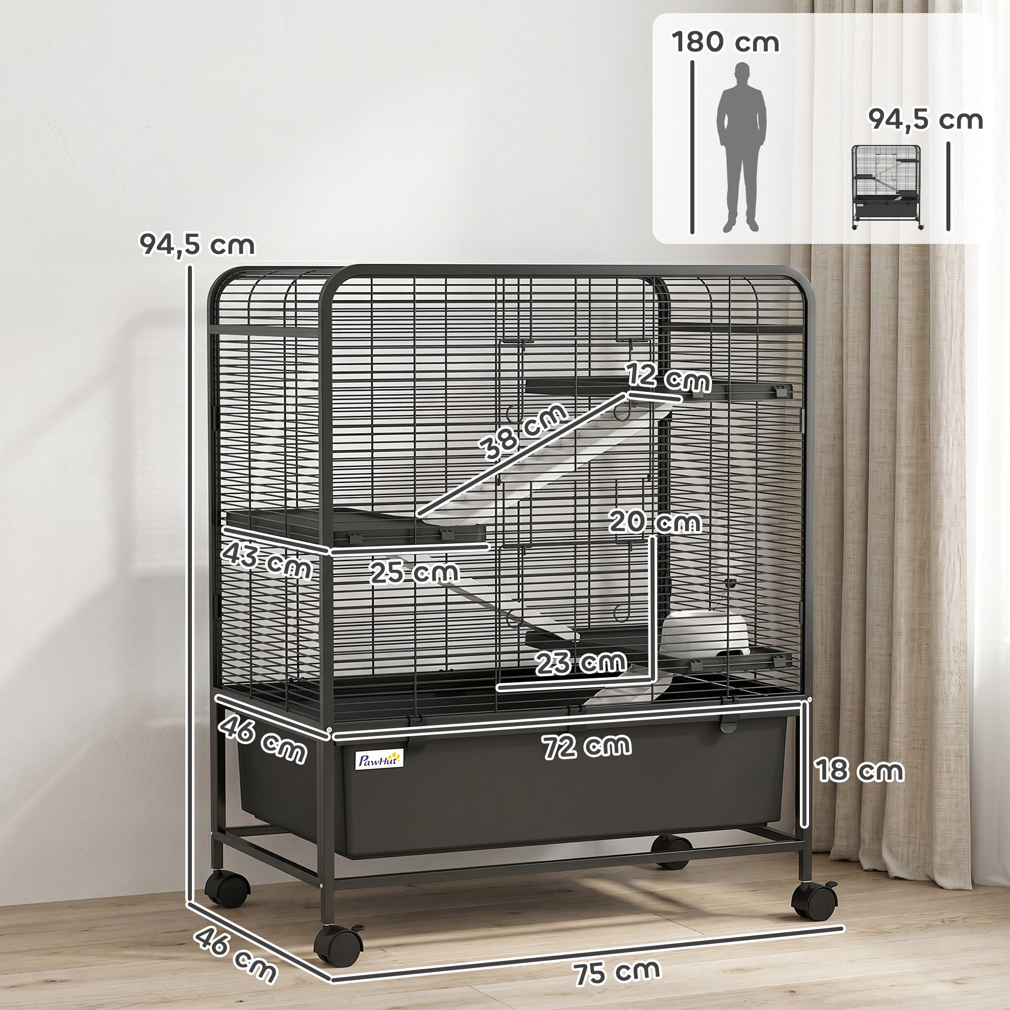 Cage mobile hamster rongeur furet 4 niveaux 2 portes 3 rampes bac profond amovible noir