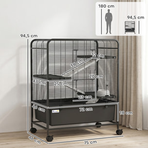 Cage mobile hamster rongeur furet 4 niveaux 2 portes 3 rampes bac profond amovible noir