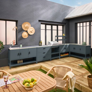 Cuisine extérieure Naxos 5 modules avec barbecue au charbon acier inoxydable bleu gris