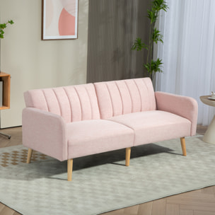 Canapé convertible 2 places design scandinave dossier inclinable 3 positions pieds bois tissu aspect lin rose