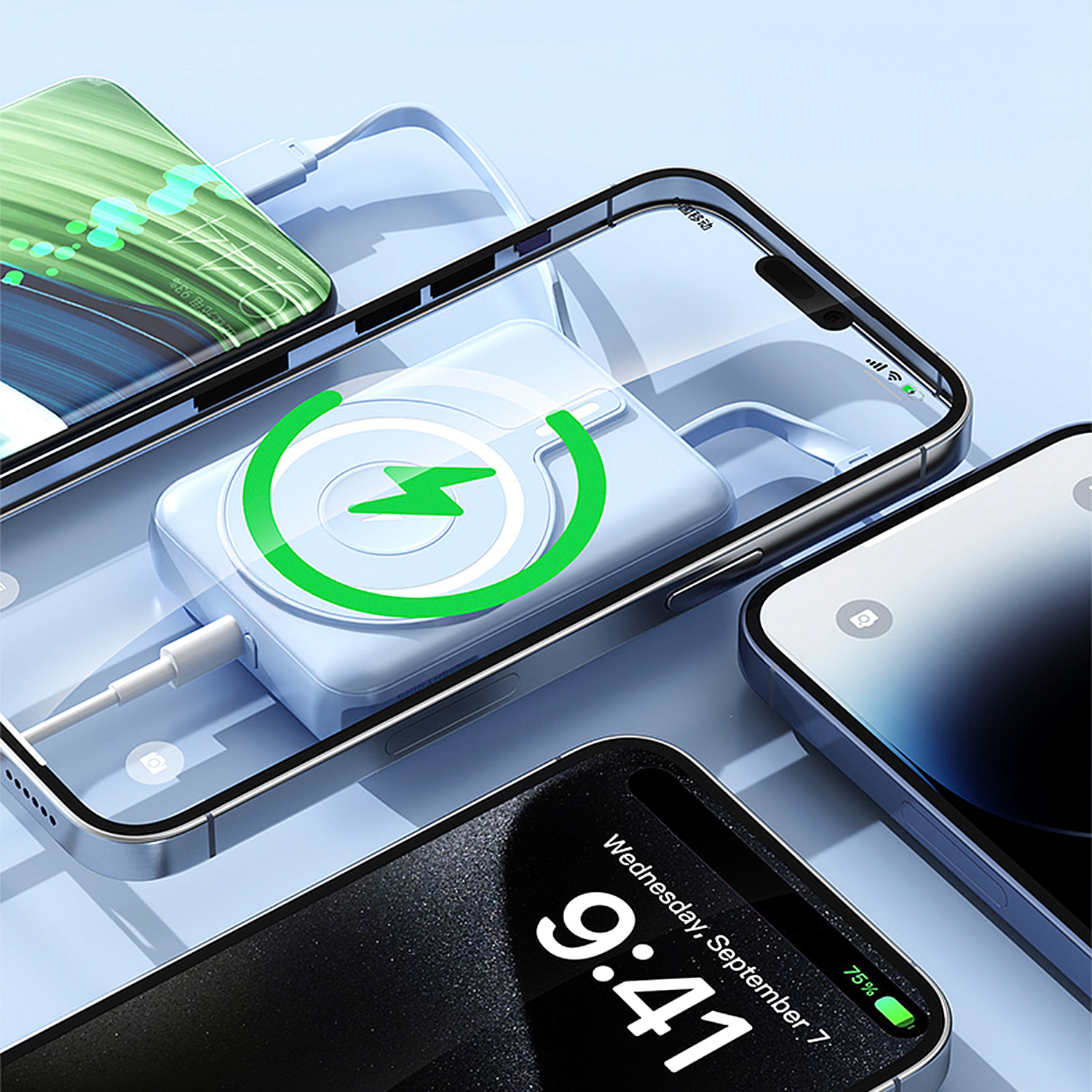 Powerbank 10.000mAh con carica rapida PD22,5W e carica wireless di 15W. Cavi USB-C e Lightning integrati. Schermo LED di carica.