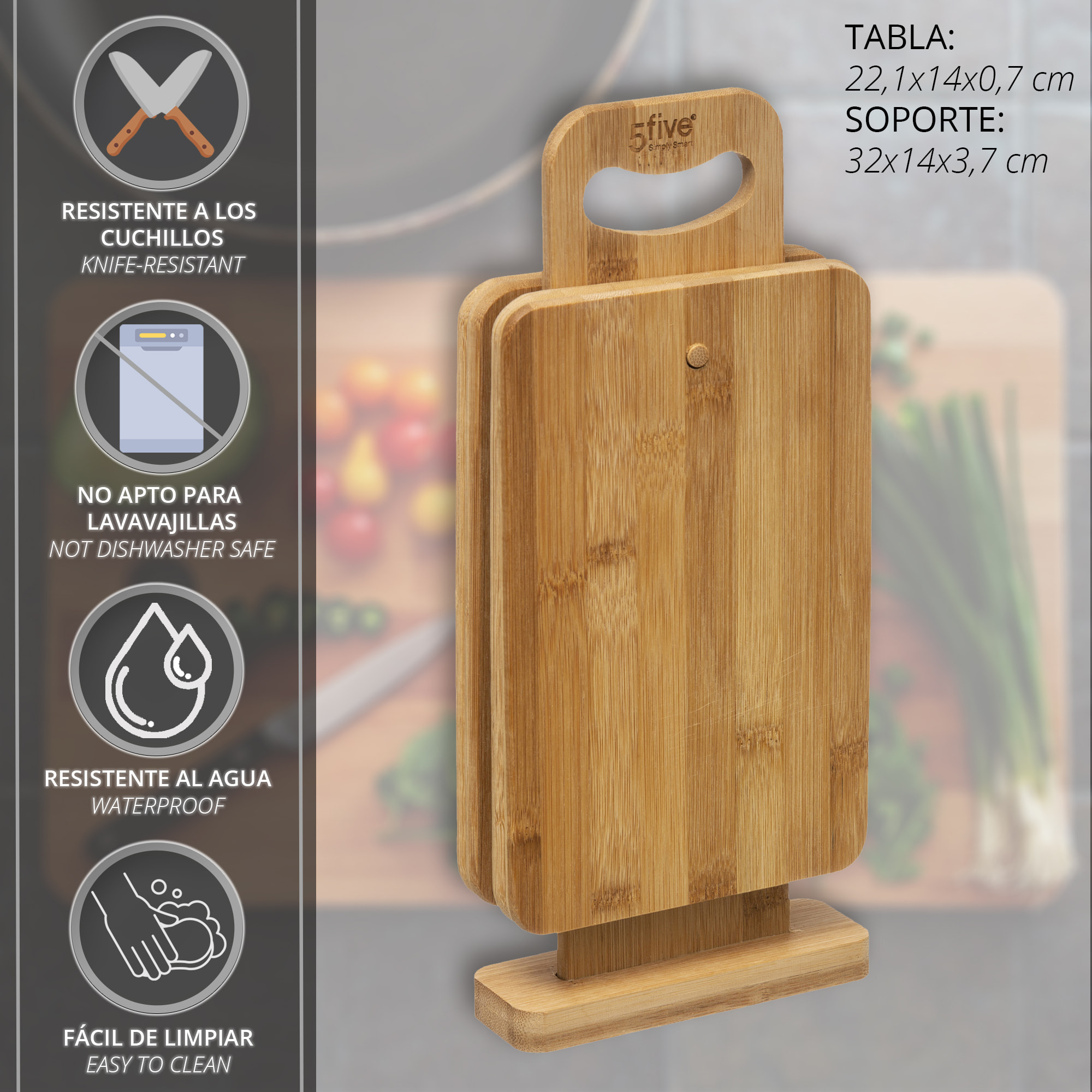 Set 4 cuchillos de cocina  Masterpro con pack de 4 tablas de corte con soporte de bambú