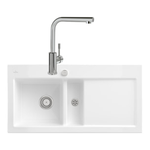 Evier Subway Pure 60 1 bac et demi égouttoir à droite vidage auto + Robinet Modern Steel Acier Massif Poli