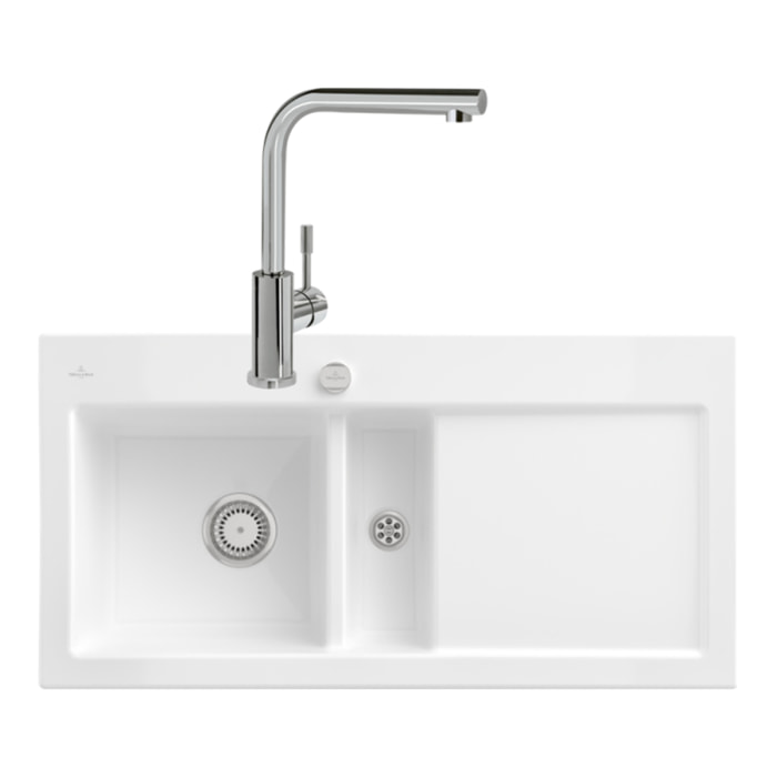 Evier Subway Pure 60 1 bac et demi égouttoir à droite vidage auto + Robinet Modern Steel Acier Massif Poli