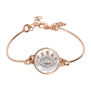 Bracciale Semirigido con Tondo Occhio in Madreperla Bianca e Cubic Zirconia Plccato Oro Rosa 18kt