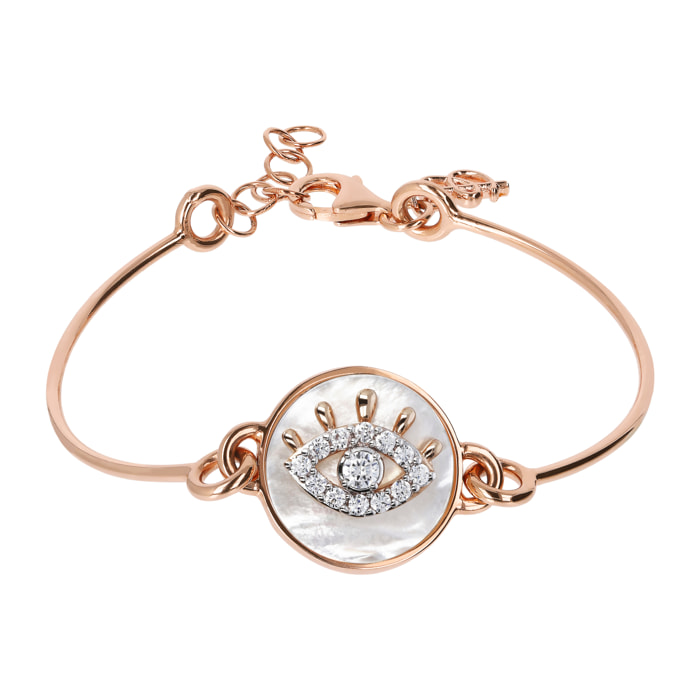 Bracciale Semirigido con Tondo Occhio in Madreperla Bianca e Cubic Zirconia Plccato Oro Rosa 18kt