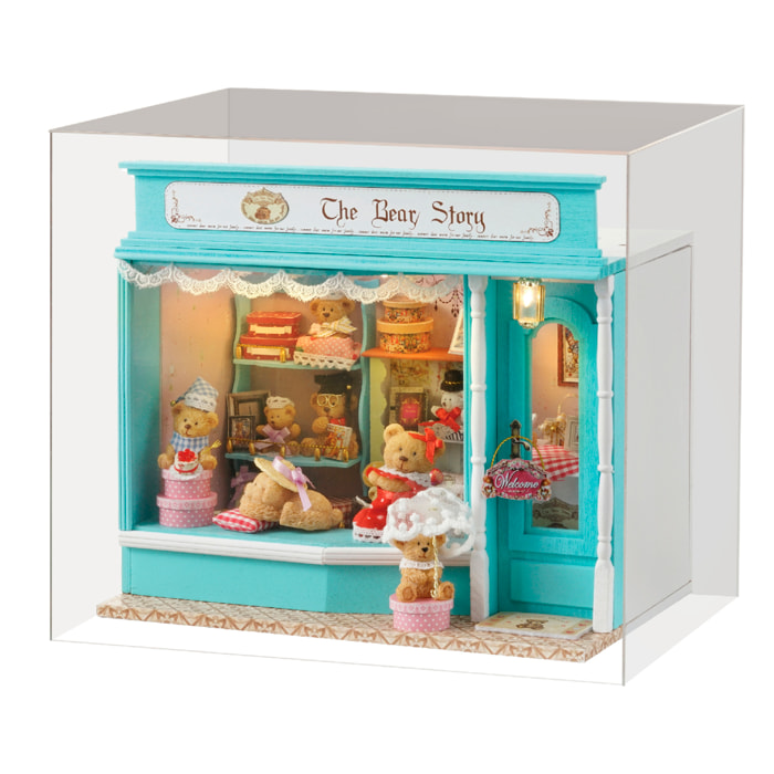 Tienda La historia del Oso. Maqueta 3D con diseño de panel de puerta abierta, realista con gran detalle, cubierta antipolvo y luces led.