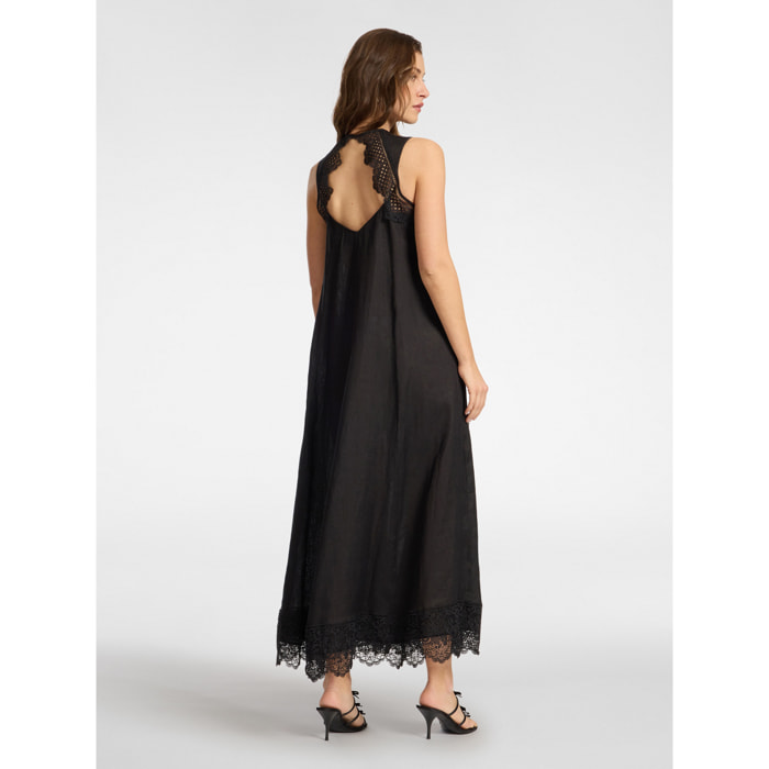 Elena Mirò - Vestido largo de lino con encaje - Negro