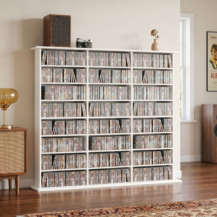 Rangement CD et DVD 24 compartiments 18 étagères réglables blanc
