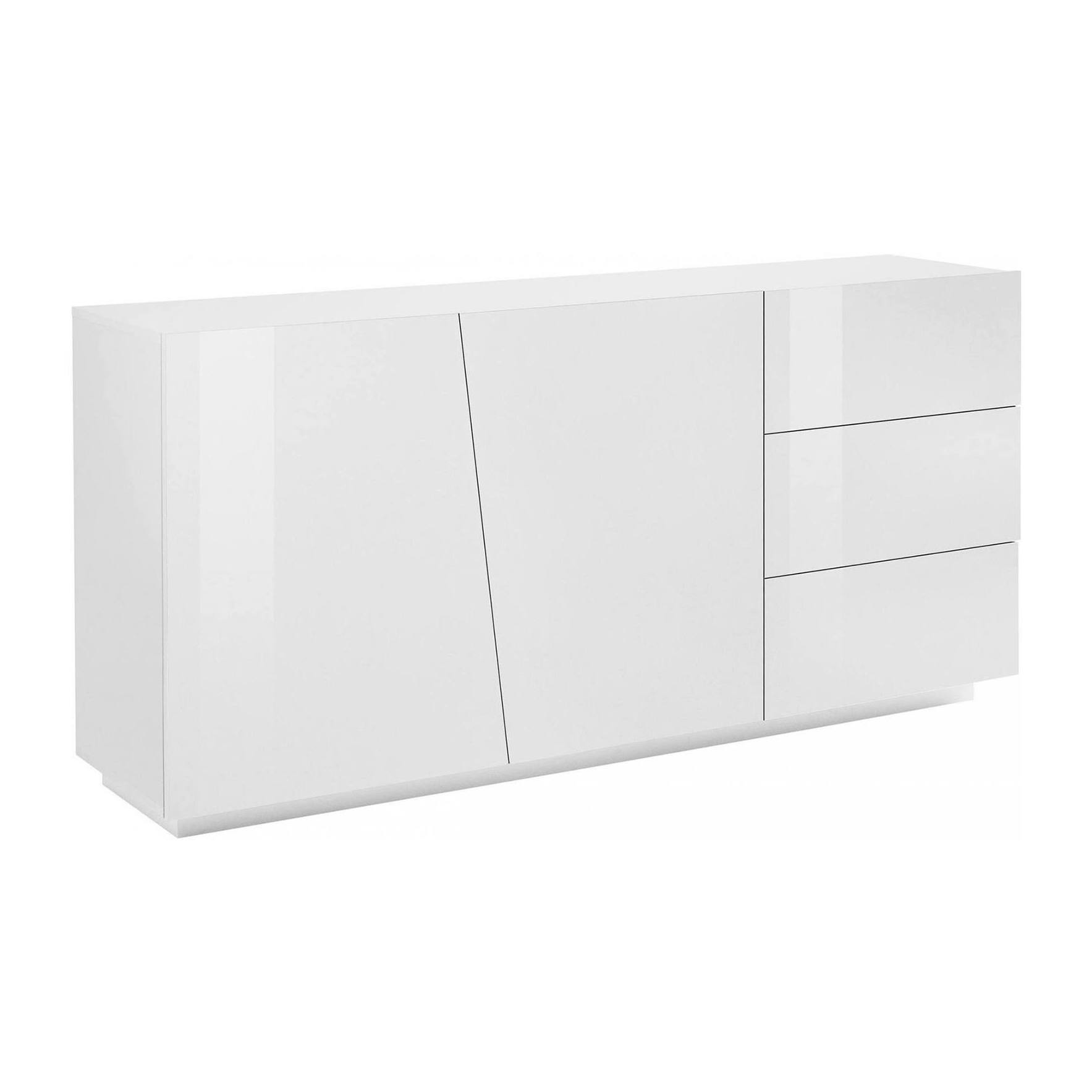 Credenza moderna a 2 ante e 3 cassetti, Made in Italy, Madia da cucina, Buffet di design da soggiorno, cm 180x43h86, colore Bianco lucido