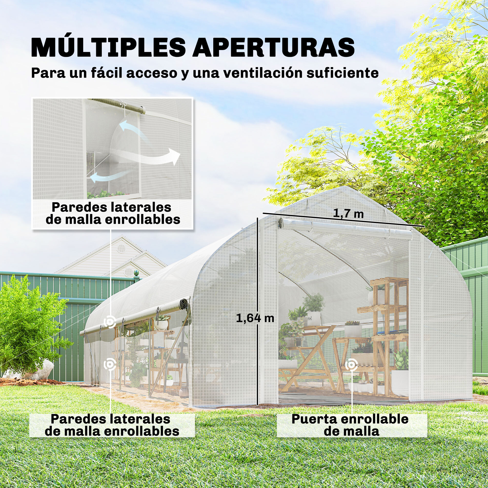 Invernadero de Exterior, 6x3x2 m, Invernadero de Túnel con 8 Ventanas, Cubierta de PE, Anti-UV y Puerta Enrollable con Cremallera, Paredes Laterales con Malla, para Cultivos, Plantas, Blanco