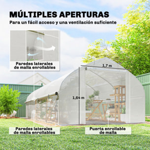 Invernadero de Exterior, 6x3x2 m, Invernadero de Túnel con 8 Ventanas, Cubierta de PE, Anti-UV y Puerta Enrollable con Cremallera, Paredes Laterales con Malla, para Cultivos, Plantas, Blanco