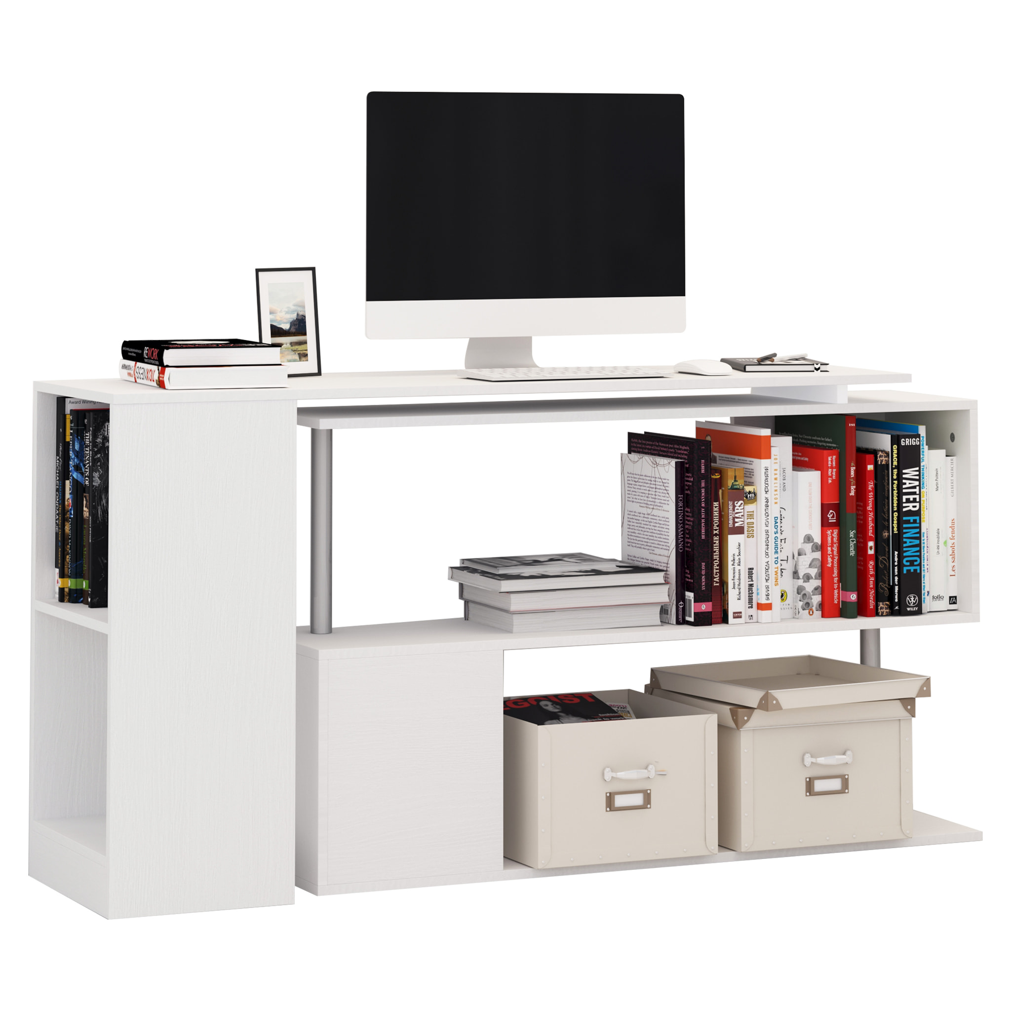 HOMCOM Scrivania Moderna e Angolare per PC, Camera o Ufficio in Legno Bianco con Libreria