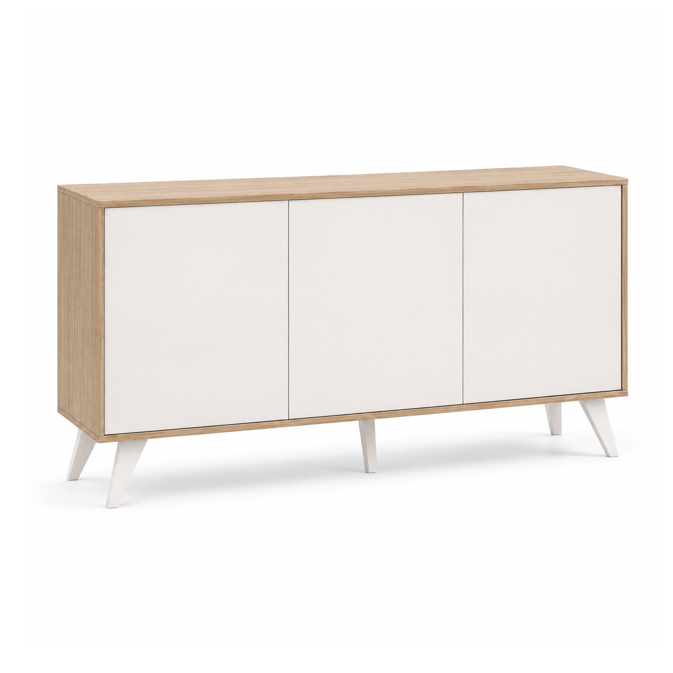 Credenza Moderna Madia 3 Ante Senza Maniglie Design Minimal Con Piedini RialzatiPer Soggiorno Ingresso Corridoio 154 x 72 x 40 Cm Bianco e Rovere