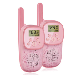 DAM Walkie Talkies infantiles D21, 1-3 km, pantalla de 1,5 LCD, 99 códigos de grupo encriptados, luz LED. 2 unidades. Batería recargable. 5,5x3,5x13,5 Cm. Color: Rosa