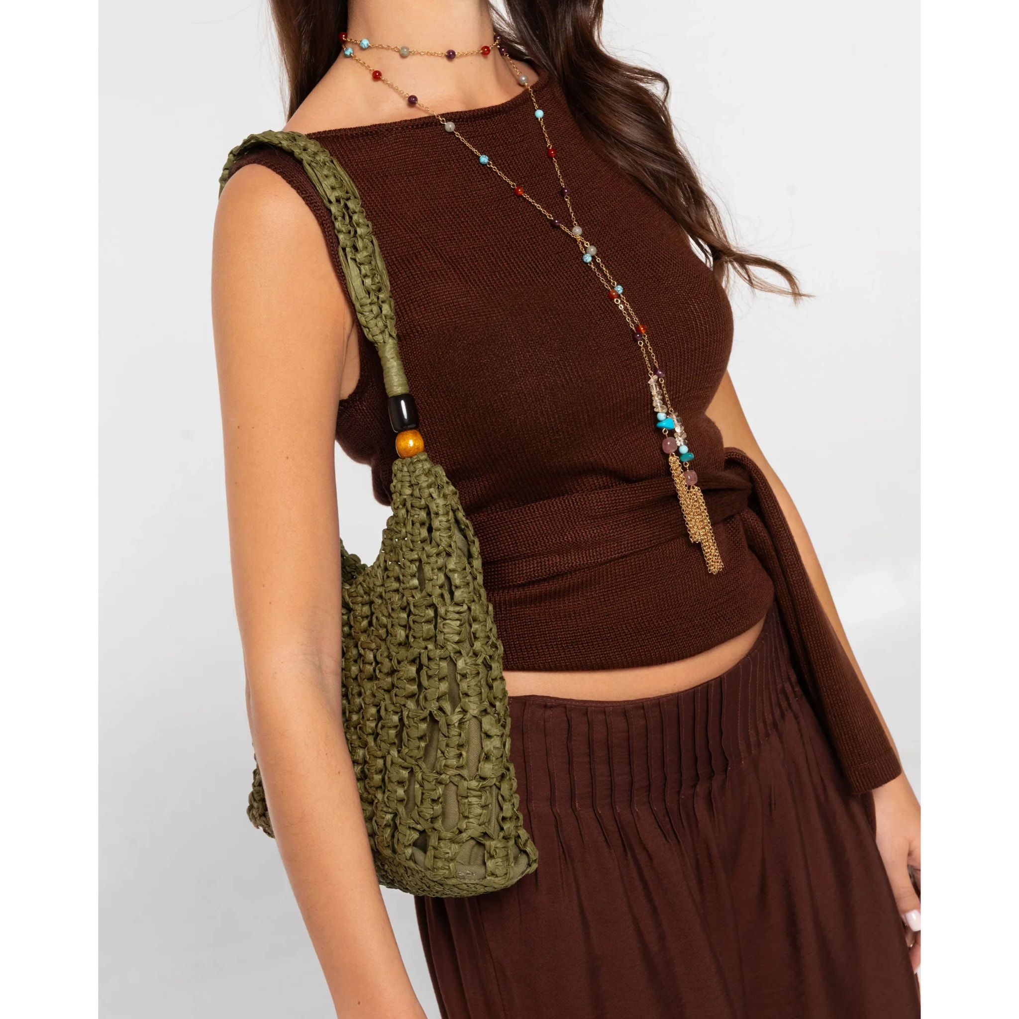 Bolso de rafia con bolso interior con cierre de frunce de mujer