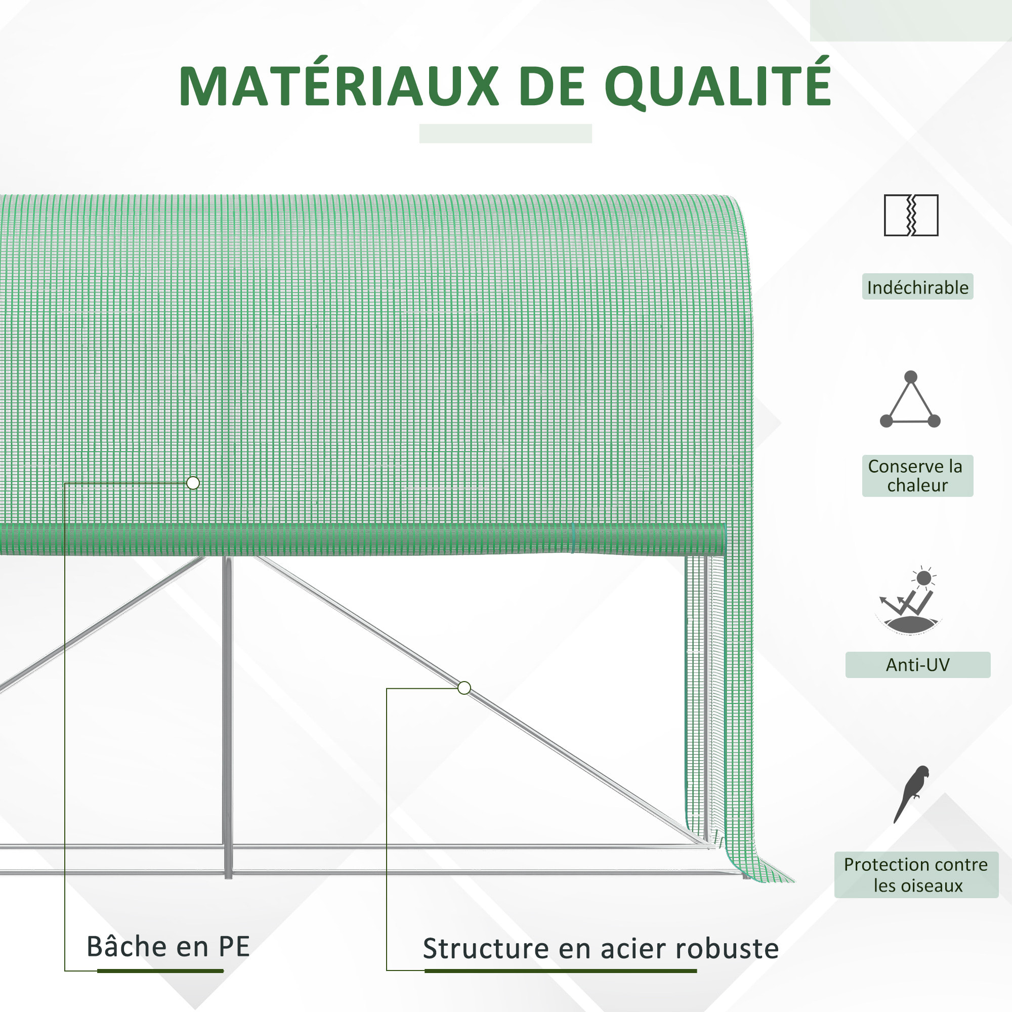 Serre de jardin serre à tomates dim. 3L x 1l x 2H m porte zippée déroulante 2 fenêtres latérales enroulables acier PE haute densité vert