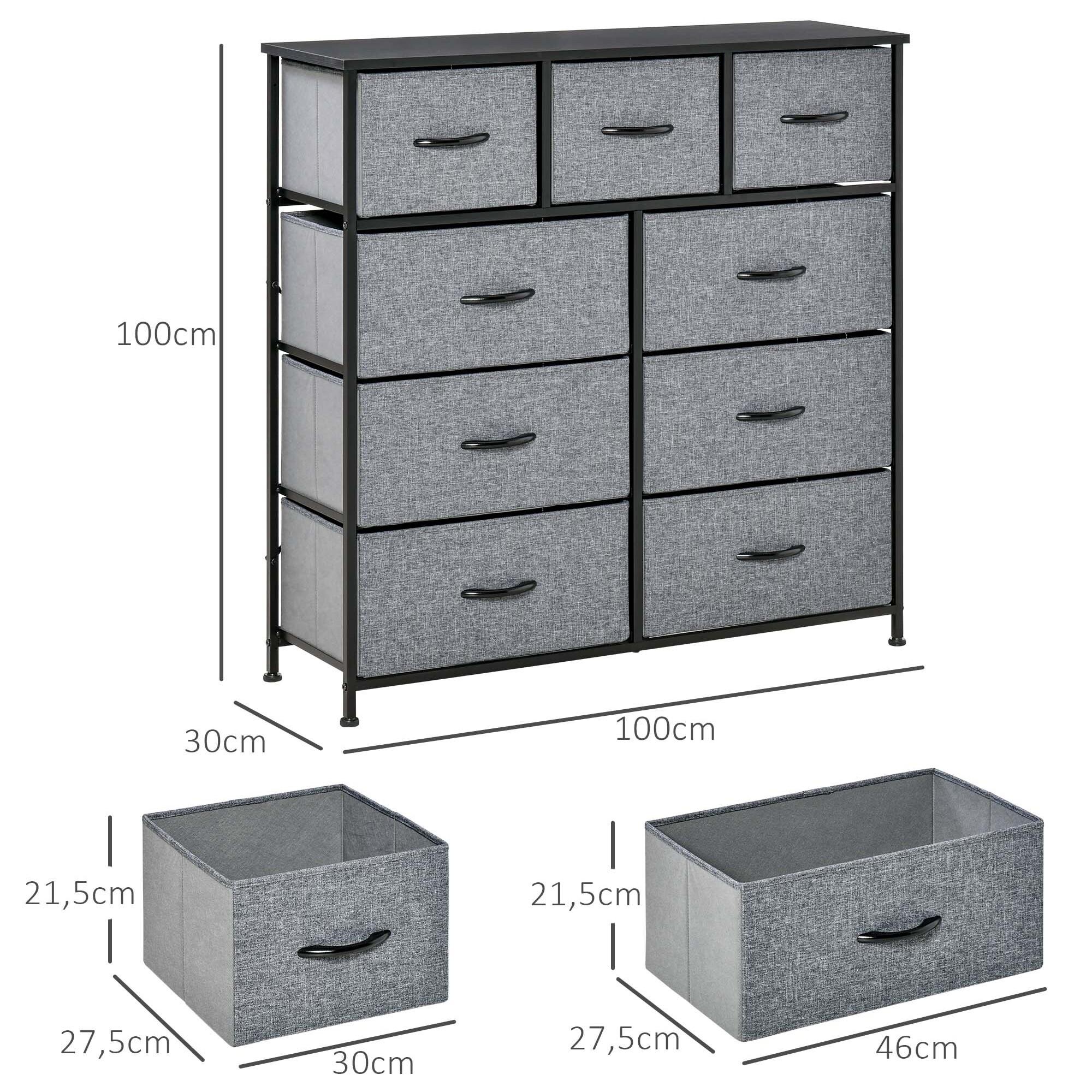 Meuble de rangement commode 9 tiroirs plateau acier MDF noir non tissé gris