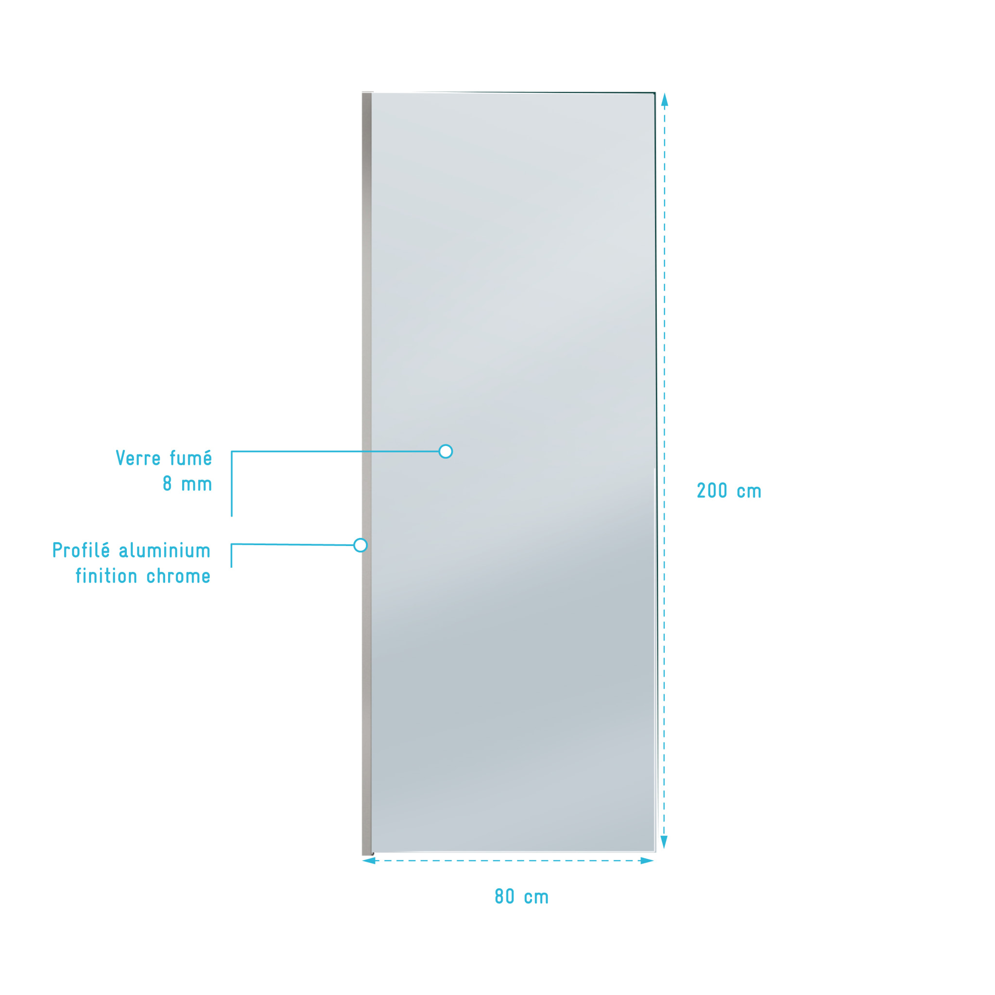 Paroi de Douche 80x200cm - Verre Trempé Fumé 8mm - Profilé Chrome - FREEDOM 2 SMOKED