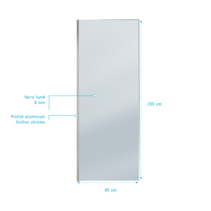 Paroi de Douche 80x200cm - Verre Trempé Fumé 8mm - Profilé Chrome - FREEDOM 2 SMOKED