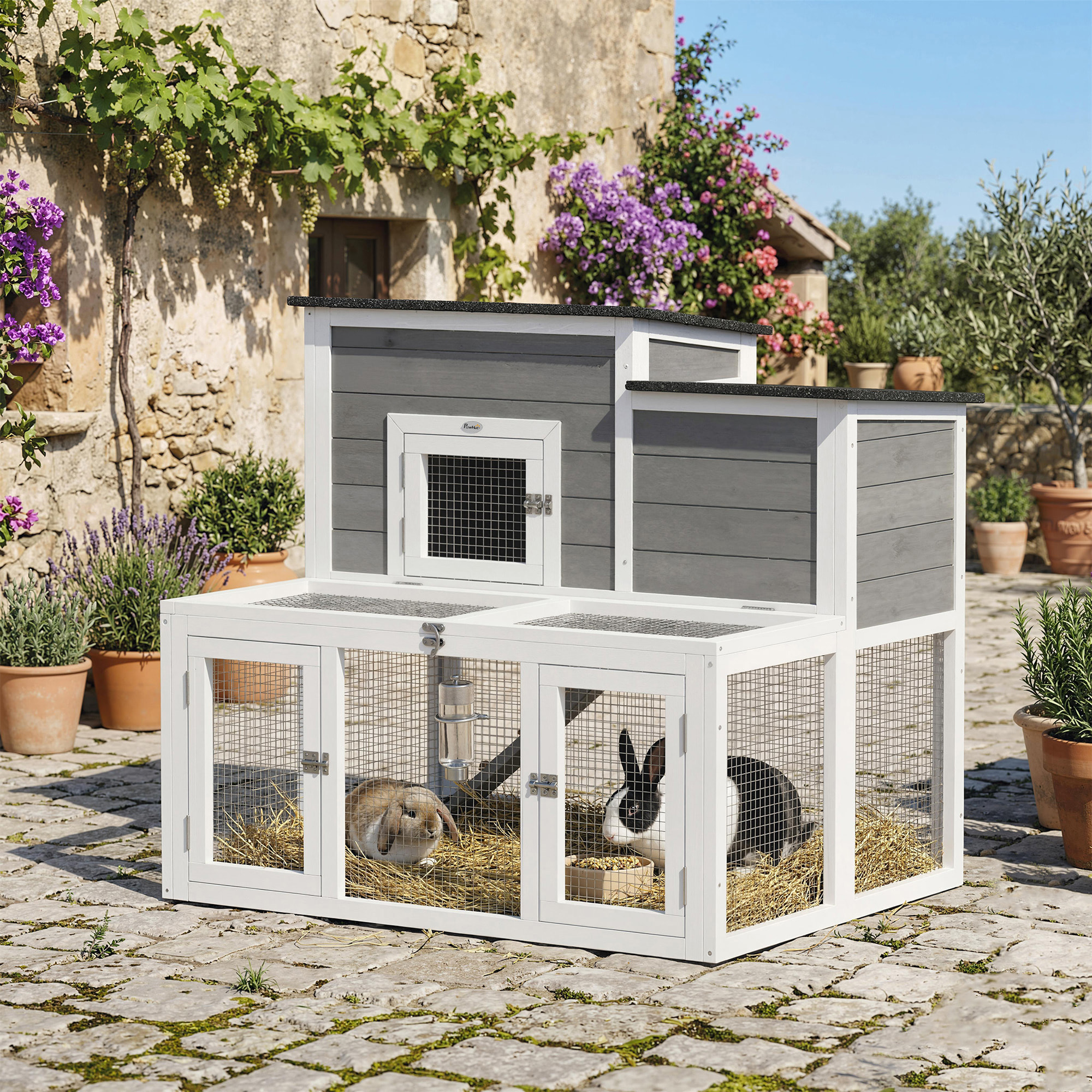 Clapier niche haute double toit ouvrant rampe enclos 3 portes bois blanc gris