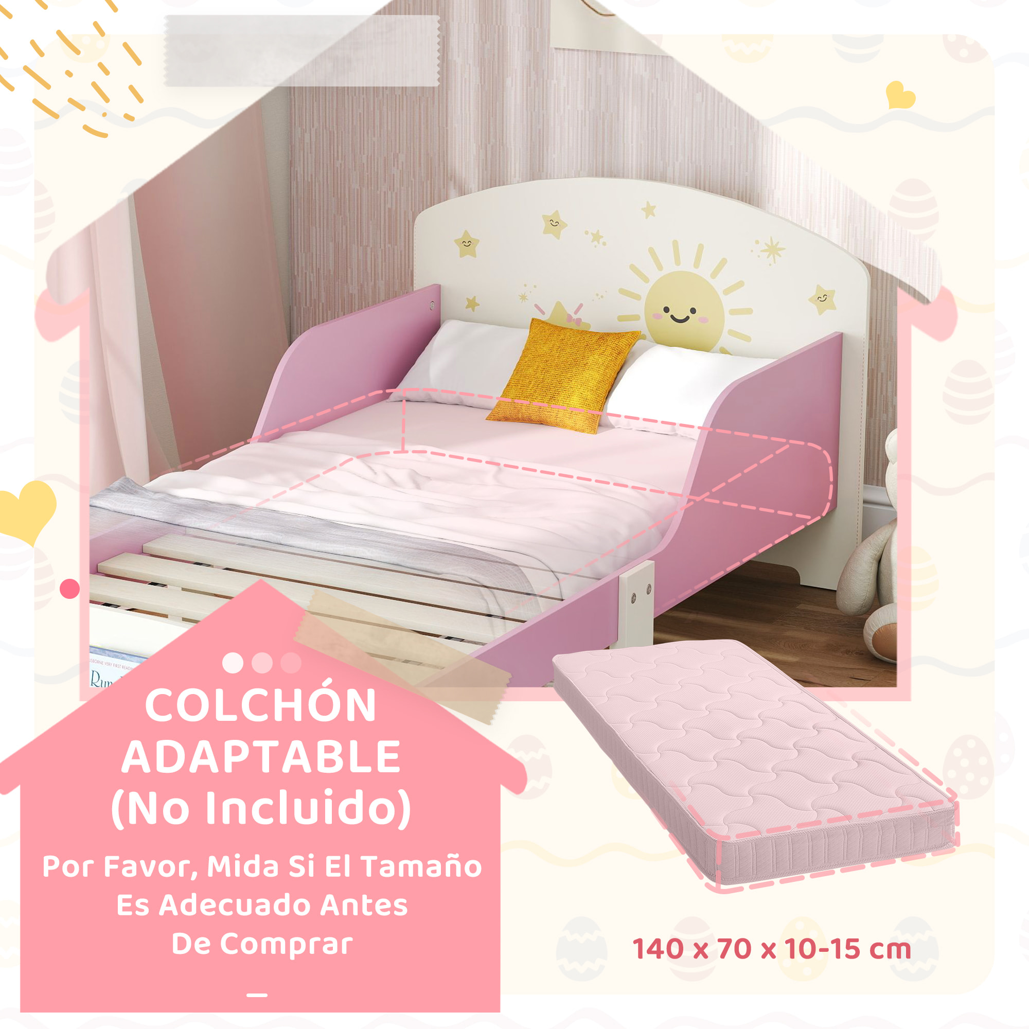 Cama infantil 70x140 cm de Madera con Almacenaje Cama para Niños de +3 Años con Protección Anticaída Cabecero en Dibujos de Estrellas Carga 40 kg para Dormitorio Rosa