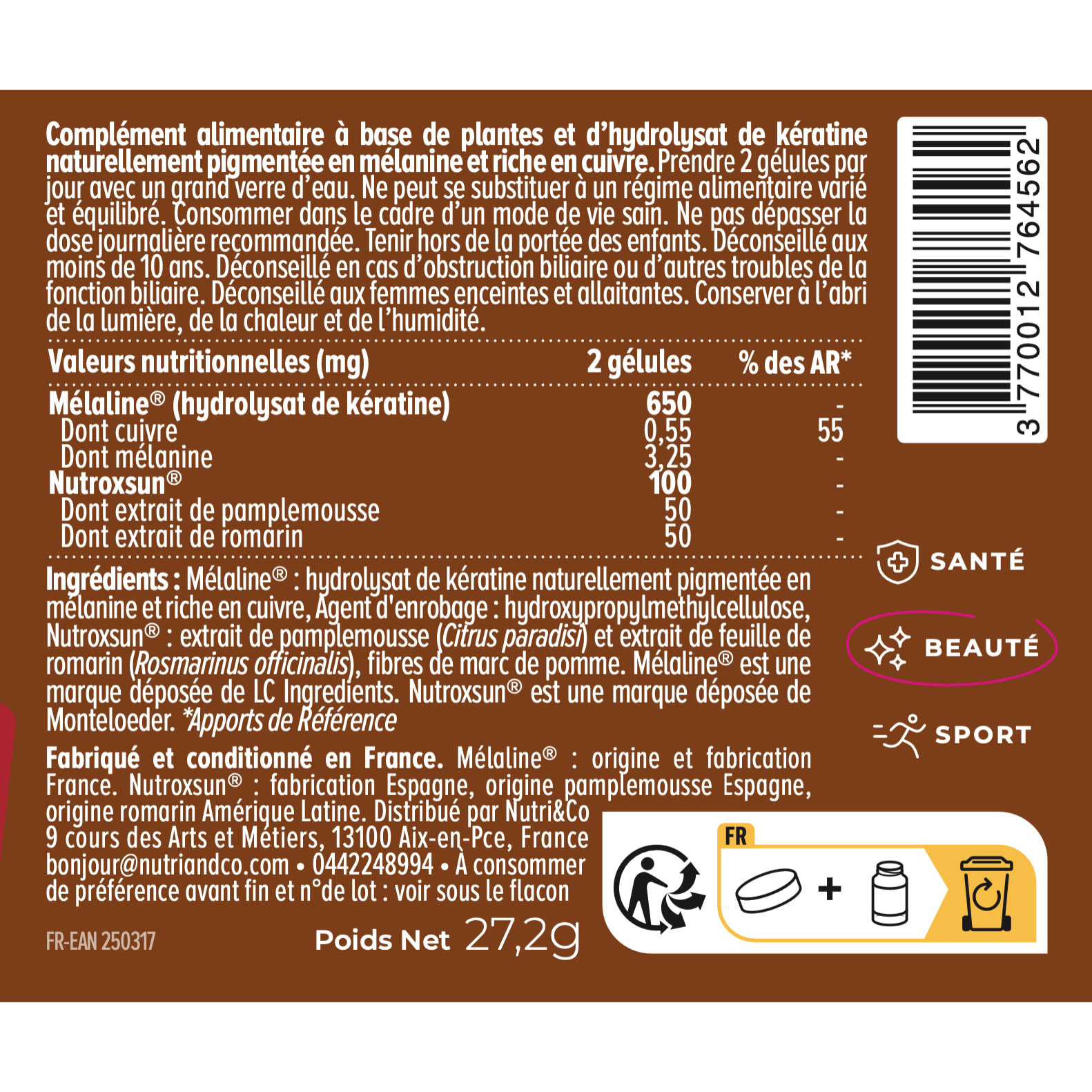 Nutri&Co Le Solaire Formule 2 en 1 Bronzage + Protection Peau - 60 gélules