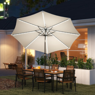 Sombrilla Terraza Exterior con Luces LED Solares Ø292x252 cm Sombrilla de Jardín con Inclinación Ajustable hasta 45° Impermeable y Manivela Parasol para Patio Piscina sin Base Crema