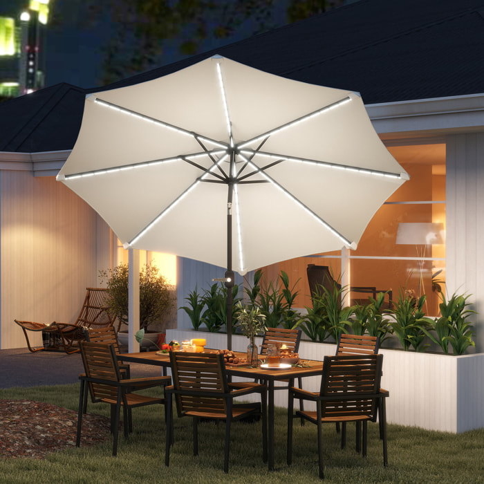 Sombrilla Terraza Exterior con Luces LED Solares Ø292x252 cm Sombrilla de Jardín con Inclinación Ajustable hasta 45° Impermeable y Manivela Parasol para Patio Piscina sin Base Crema