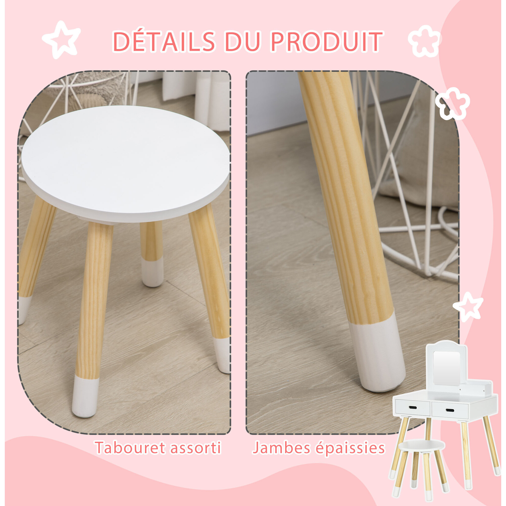 Coiffeuse enfant design scandinave - tabouret inclus - 2 tiroirs, niche, miroir - bois pin MDF blanc