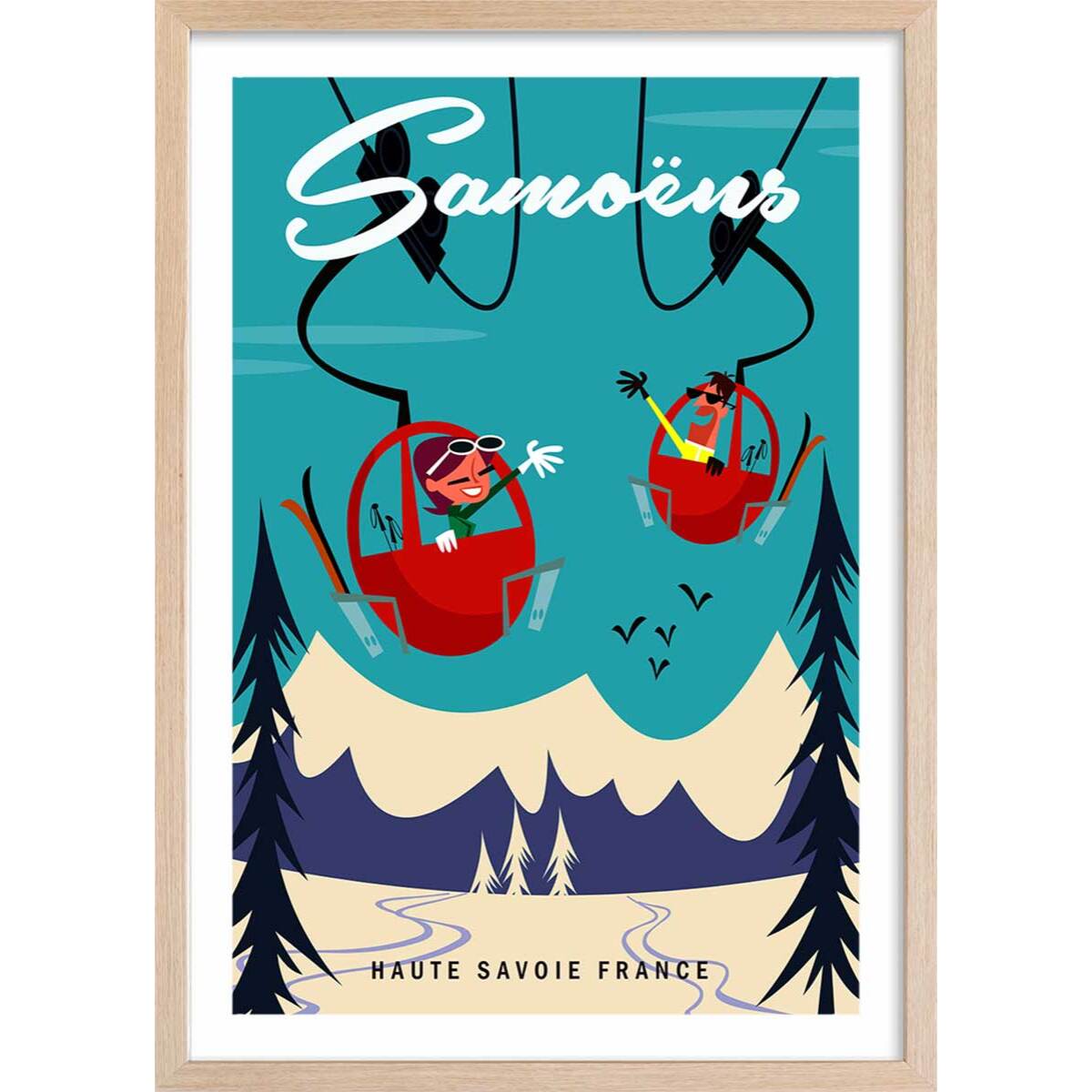 Poster ski à samoens Affiche + cadre en bois - Chêne