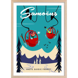 Poster ski à samoens Affiche + cadre en bois - Chêne