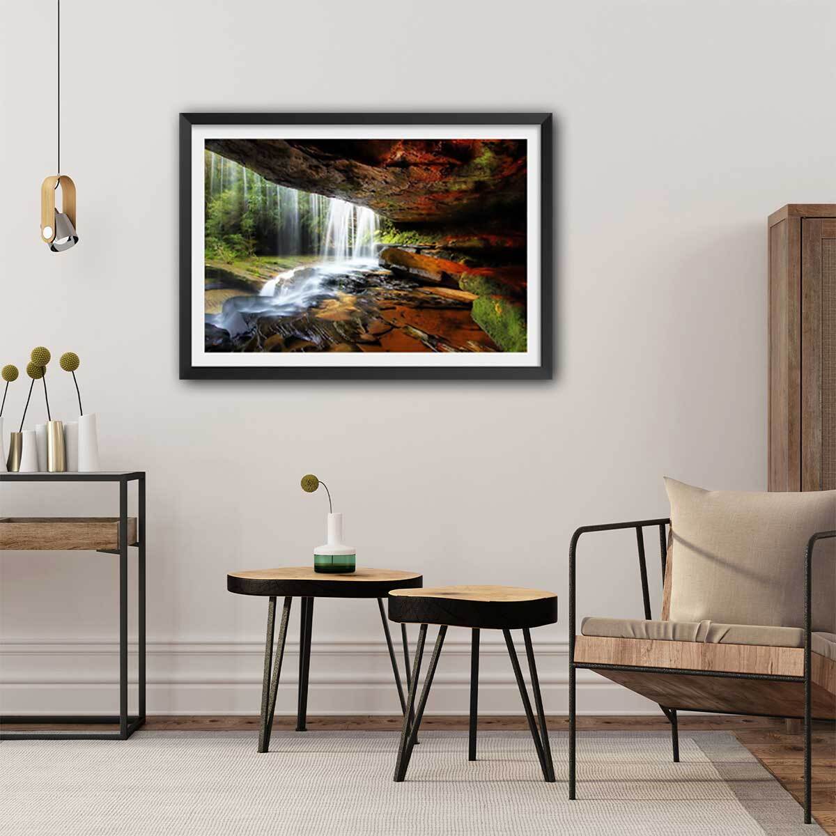 Affiche nature chute d'eau Affiche + cadre en bois - Noir