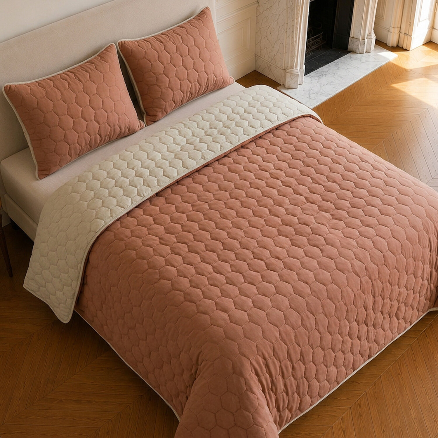 Couvre-lit matelassé réversible 100% polyester bicolore rose - NAZIM